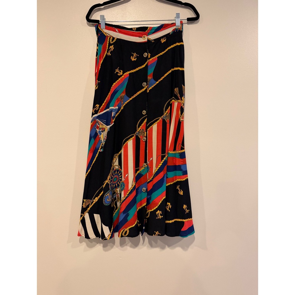 Vintage Carole Little Nautical Print Button Front Midi Skirt old money large